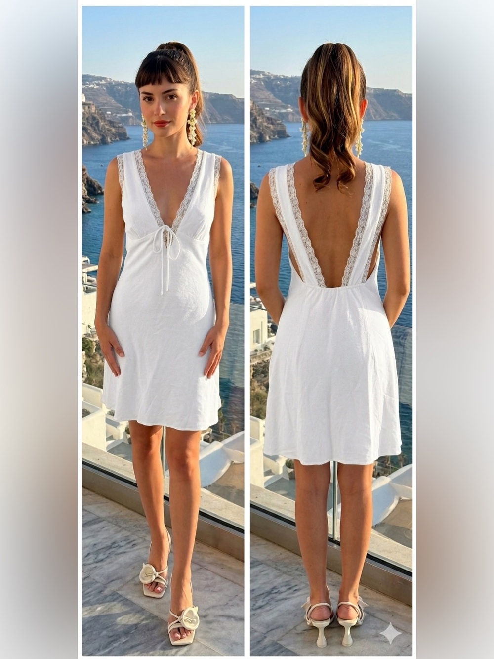 Cotton-Linen Cottage-Core White Lace Double Lined Trim Tie Front Mini Dress M